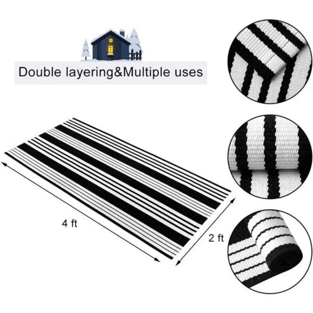 Black and White Striped Rug 24'' x 51'' Hand-Woven Indoor/Outdoor Area Rug